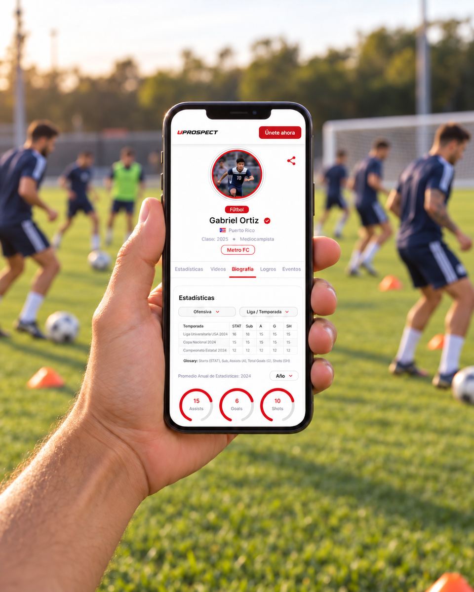 Perfil deportivo de UProspect en un celular, en una cancha de fútbol