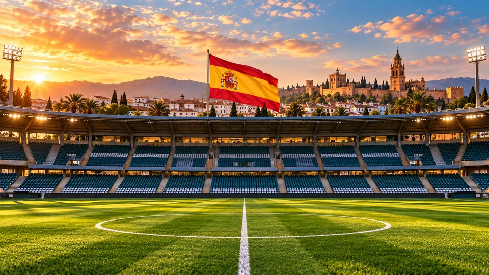 Estadio de fútbol en España al atardecer